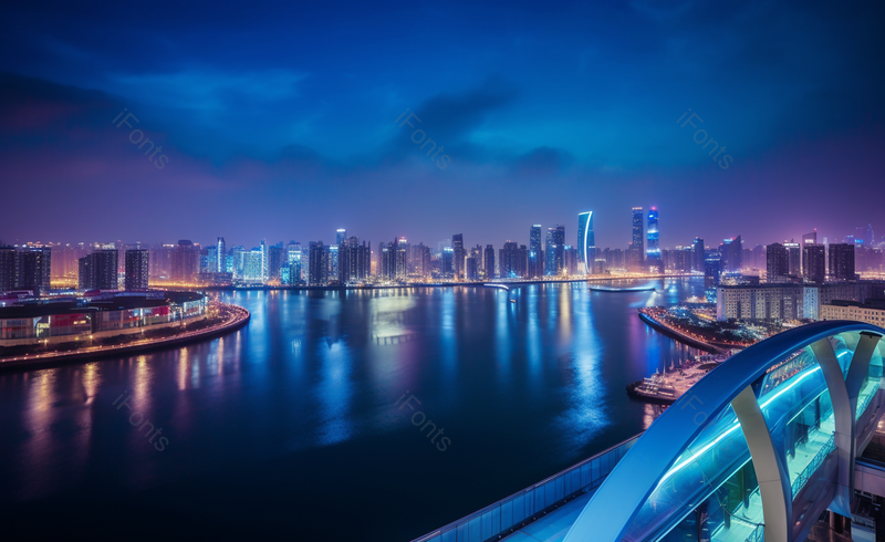 城市蓝色灯光明亮夜晚海景,高清,摄影图,摄影图片,图片大全,摄影图免费下载